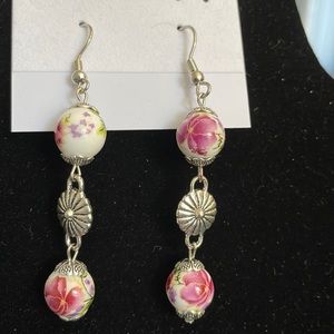 😀 EARRINGS 2” NWOT HAND CRAFTED by Myself June 2022 FLORAL PORCELAIN